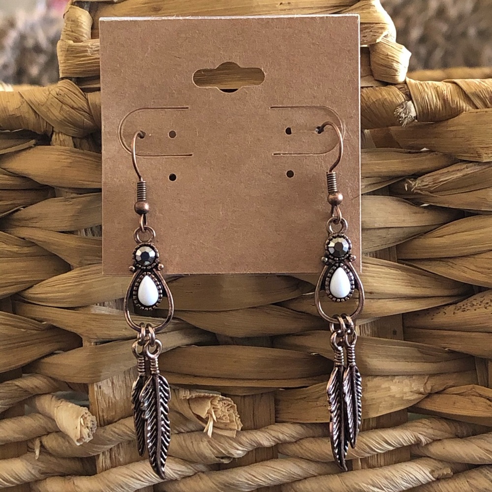 Vintage copper feather stone dangle earrings